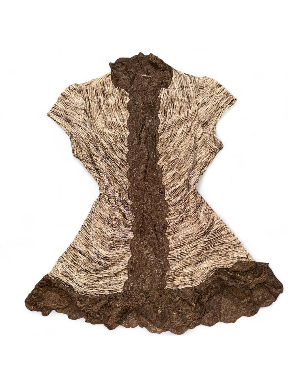 Vintage Cache Brown Lace Metallic Knit Y2K Top Size M